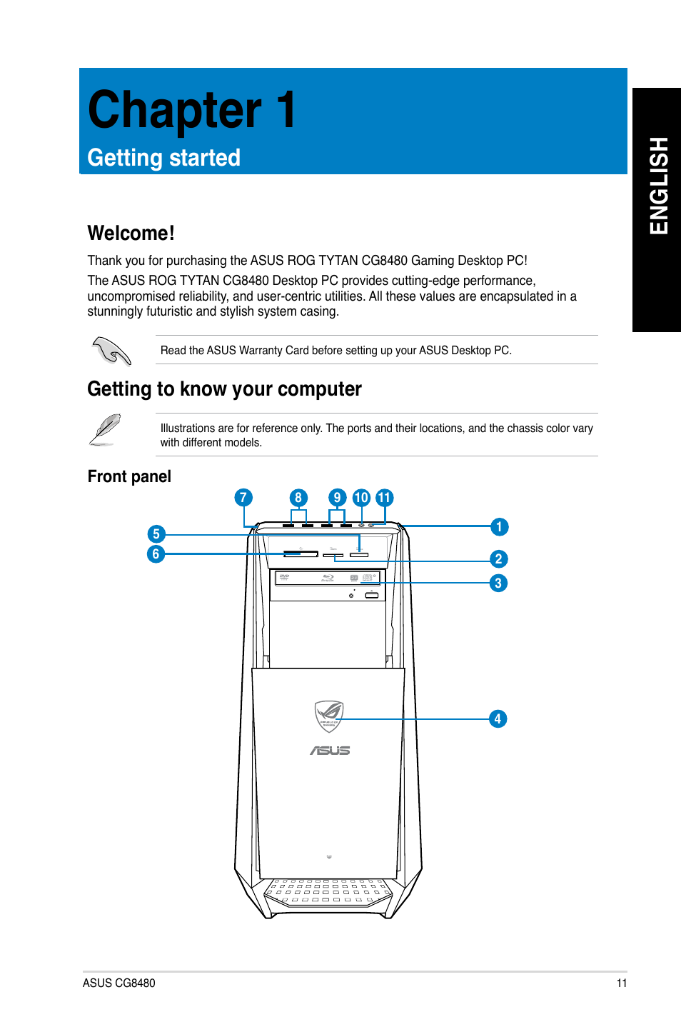 Chapter 1, Getting started, Welcome | Getting to know your computer, Chapter.1, Getting.started, Welcome! getting to know your computer, En gl is h en gl is h | Asus CG8480 User Manual | Page 13 / 836