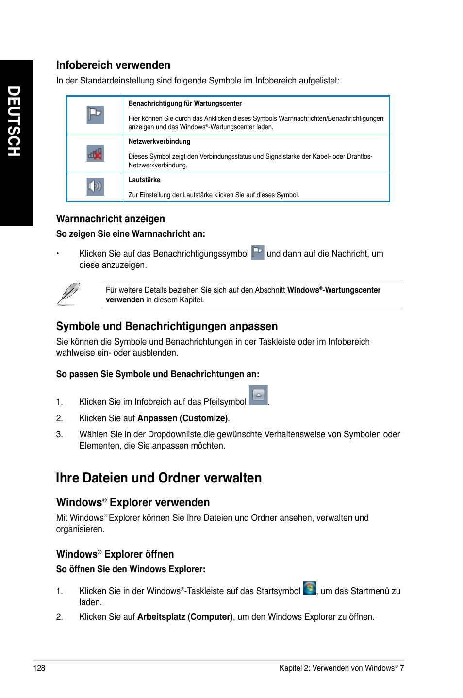 Ihre dateien und ordner verwalten, Ihre dateien und ordner verwalten 8, Deutsch | Ihre.dateien.und.ordner.verwalten, Infobereich.verwenden, Symbole.und.benachrichtigungen.anpassen, Windows, Explorer.verwenden | Asus CG8480 User Manual | Page 130 / 836