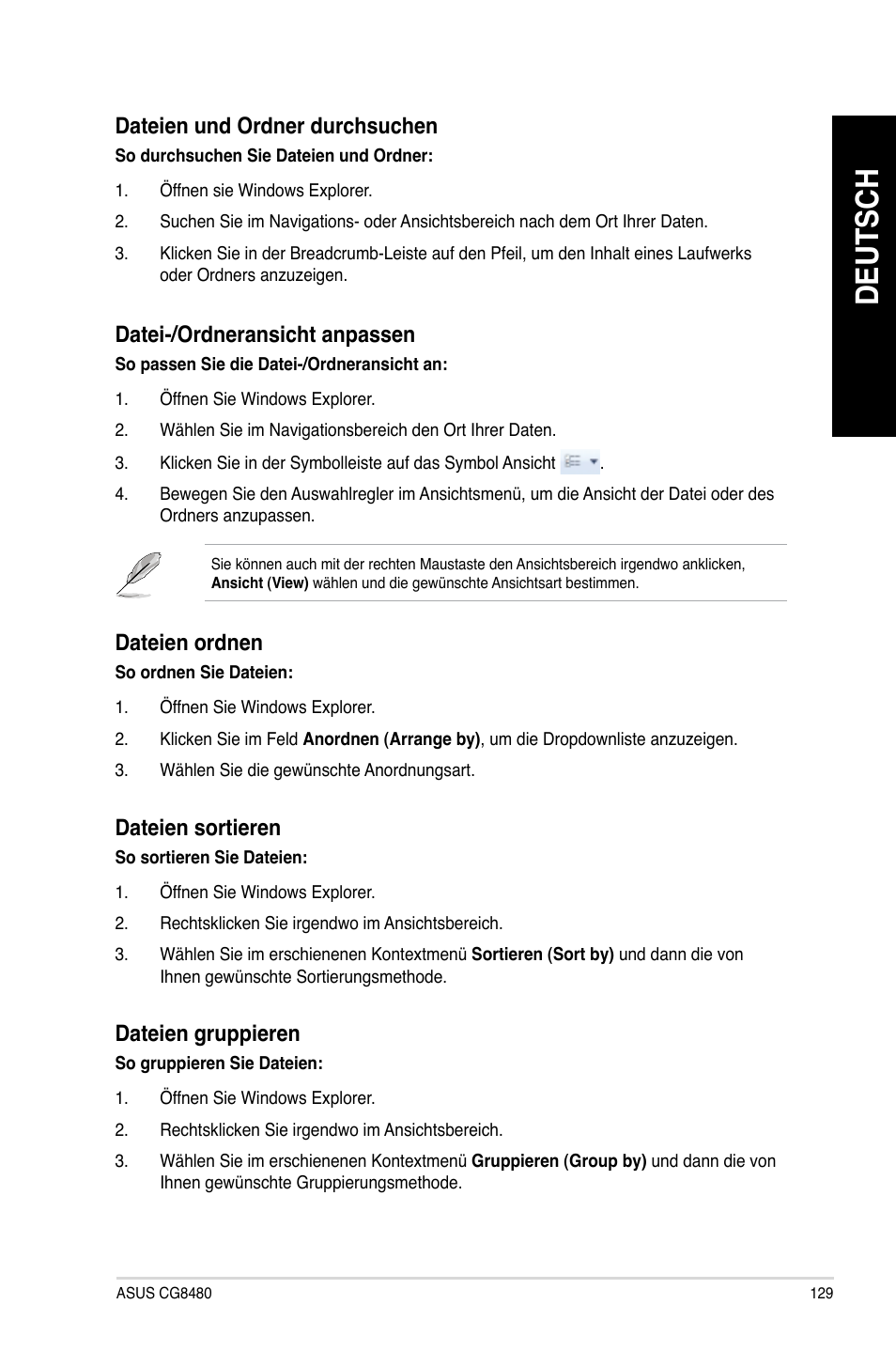 Deutsch, Dateien.und.ordner.durchsuchen, Datei-/ordneransicht.anpassen | Dateien.ordnen, Dateien.sortieren, Dateien.gruppieren | Asus CG8480 User Manual | Page 131 / 836