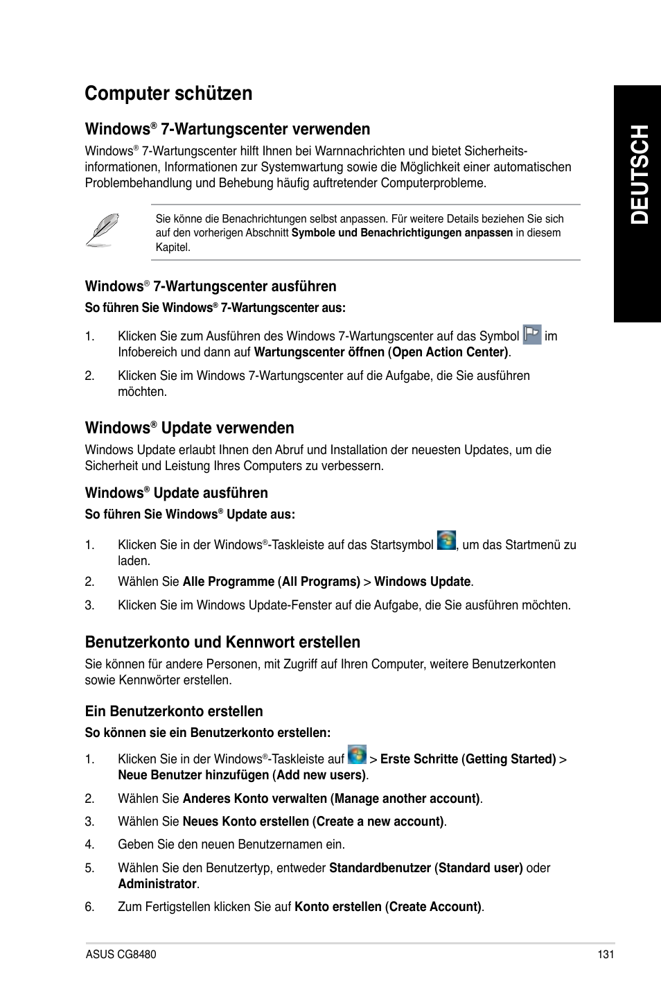 Computer schützen, Computer schützen 1, Deutsch | Computer.schützen, Windows, Wartungscenter.verwenden, Update.verwenden, Benutzerkonto.und.kennwort.erstellen | Asus CG8480 User Manual | Page 133 / 836