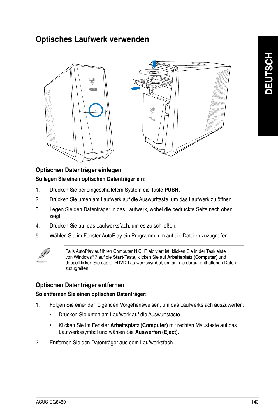 Optisches laufwerk verwenden, Deutsch, Optisches.laufwerk.verwenden | Asus CG8480 User Manual | Page 145 / 836