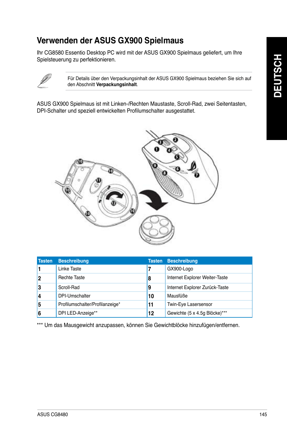 Verwenden der asus gx900 spielmaus, Deutsch, Verwenden.der.asus.gx900.spielmaus | Asus CG8480 User Manual | Page 147 / 836