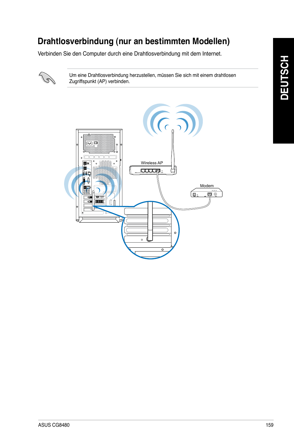 Drahtlosverbindung (nur an bestimmten modellen), Deutsch, Drahtlosverbindung.(nur.an.bestimmten.modellen) | Asus CG8480 User Manual | Page 161 / 836