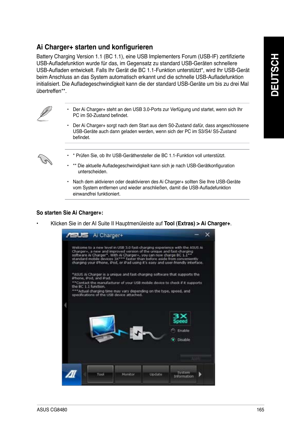 Deutsch, Ai �harger+ starten und konfigurieren | Asus CG8480 User Manual | Page 167 / 836