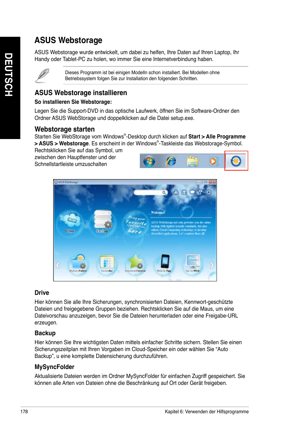 Asus webstorage, Deutsch, Asus.webstorage | Asus.webstorage.installieren, Webstorage.starten | Asus CG8480 User Manual | Page 180 / 836