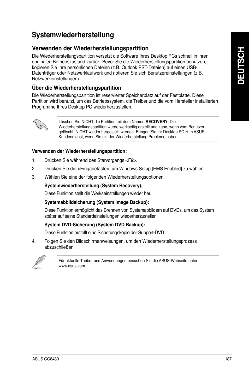 Systemwiederherstellung, Deutsch, Verwenden.der.wiederherstellungspartition | Asus CG8480 User Manual | Page 189 / 836