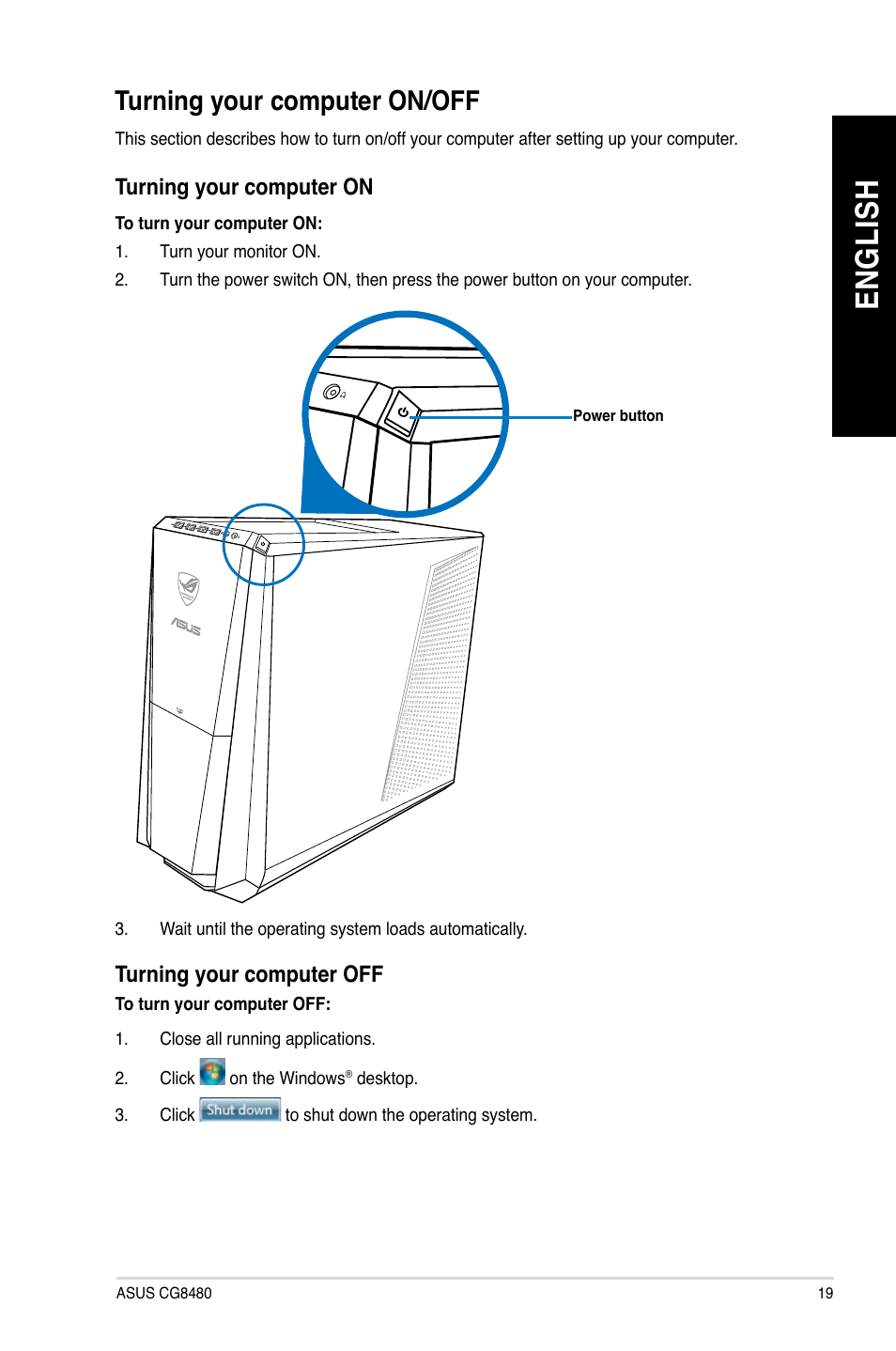 Turning your computer on/off, En gl is h en gl is h | Asus CG8480 User Manual | Page 21 / 836