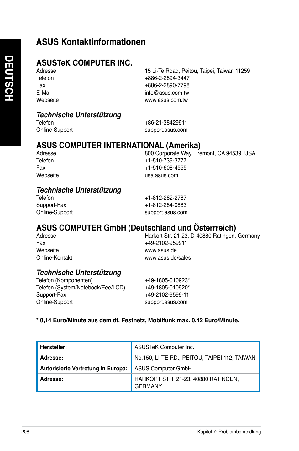 Asus kontaktinformationen, Deutsch, Asus.kontaktinformationen | Technische.unterstützung | Asus CG8480 User Manual | Page 210 / 836