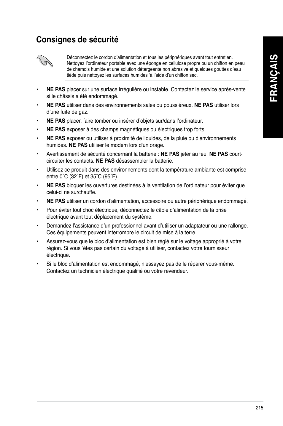 Consignes de sécurité, Fr an ça is fr an ça is fr an ça is fr an ça is, Consignes.de.sécurité | Asus CG8480 User Manual | Page 217 / 836