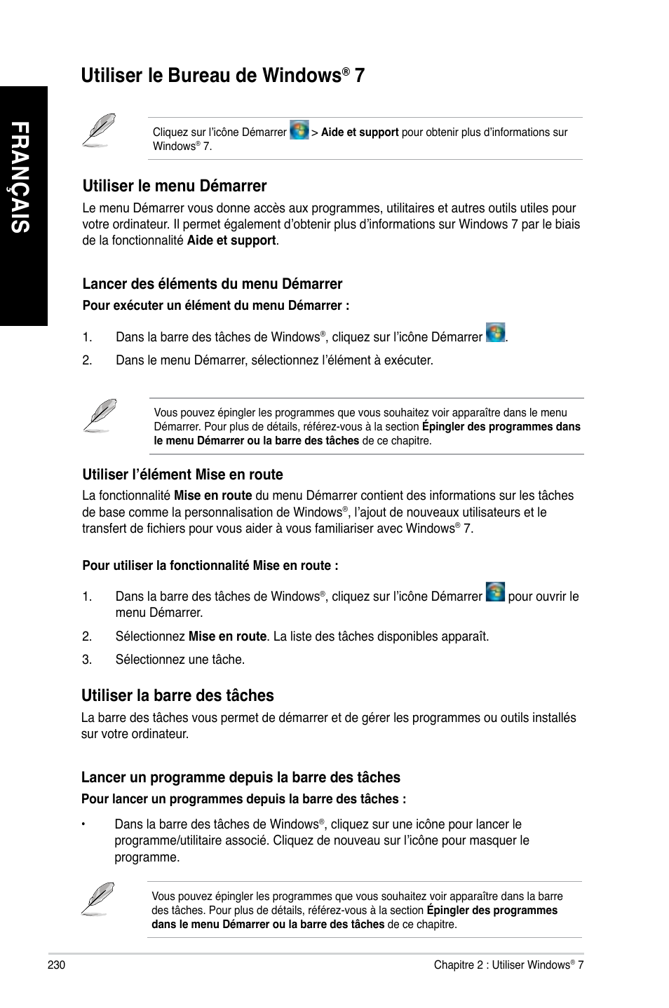 Utiliser le bureau de windows® 7, Utiliser le bureau de windows, Fr an ça is fr an ça is fr an ça is fr an ça is | Utiliser.le.bureau.de.windows | Asus CG8480 User Manual | Page 232 / 836