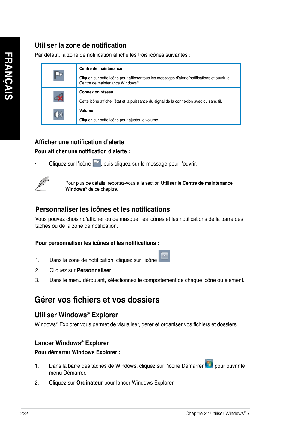 Gérer vos fichiers et vos dossiers, Fr an ça is fr an ça is fr an ça is fr an ça is | Asus CG8480 User Manual | Page 234 / 836