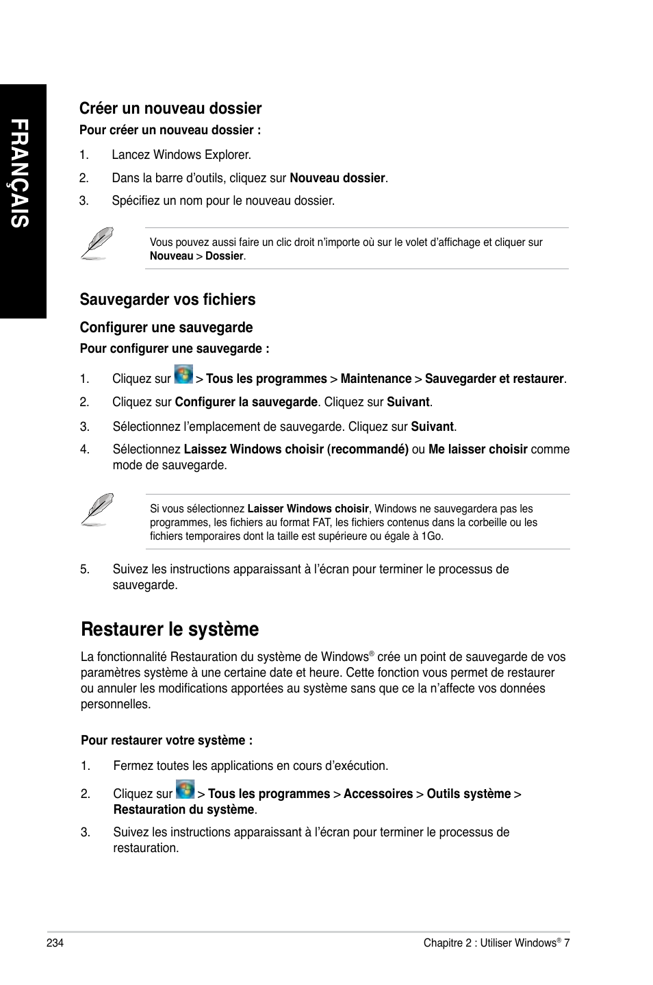 Restaurer le système, Fr an ça is fr an ça is fr an ça is fr an ça is, Restaurer.le.système | Asus CG8480 User Manual | Page 236 / 836