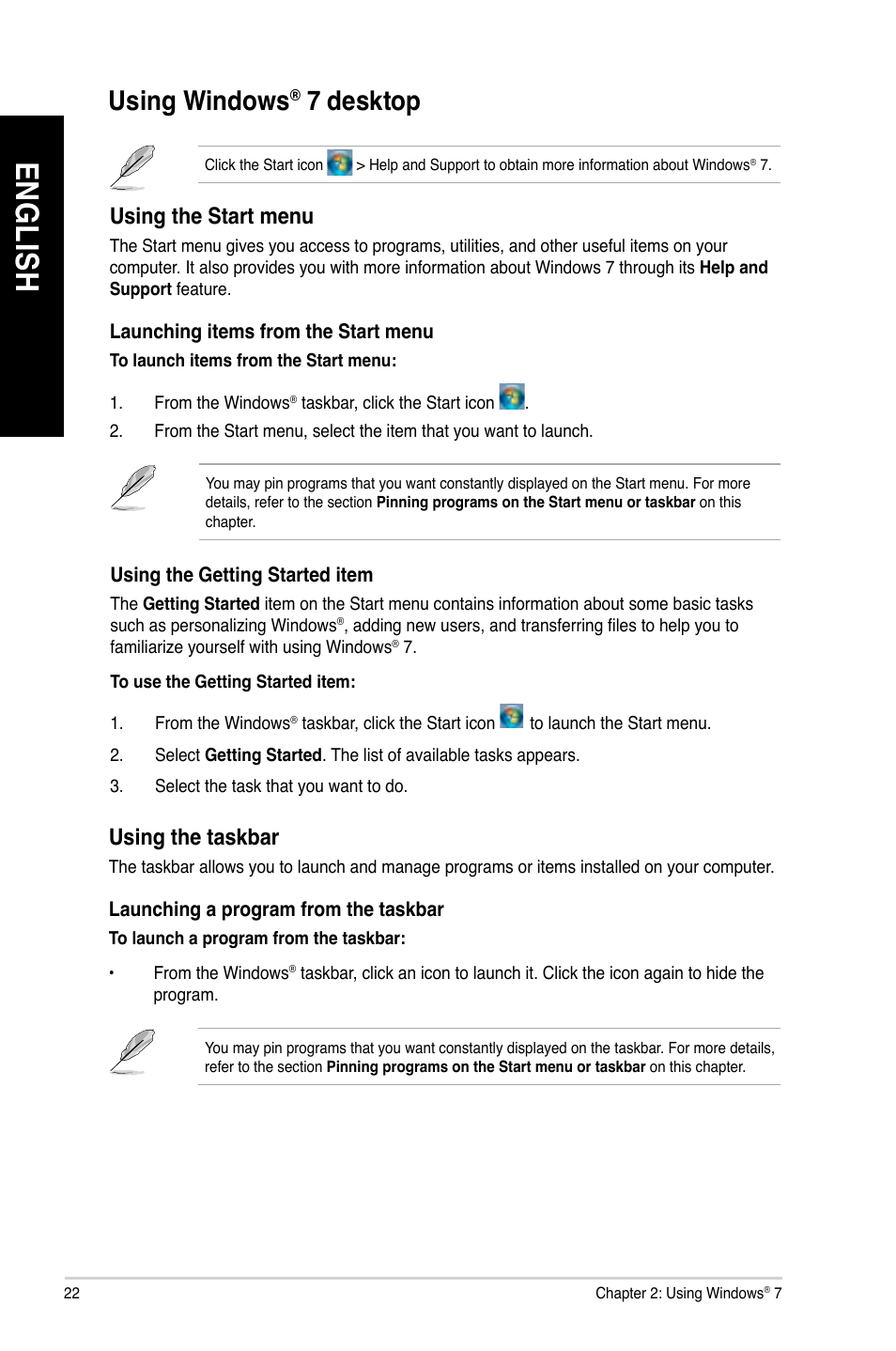 Using windows® 7 desktop, Using windows, 7 desktop | En gl is h en gl is h en gl is h en gl is h, Using.windows, Desktop | Asus CG8480 User Manual | Page 24 / 836