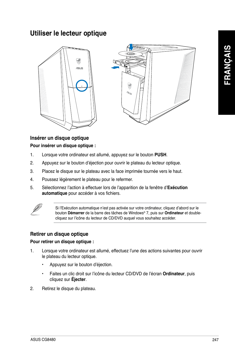 Utiliser le lecteur optique, Fr an ça is fr an ça is, Utiliser.le.lecteur.optique | Asus CG8480 User Manual | Page 249 / 836