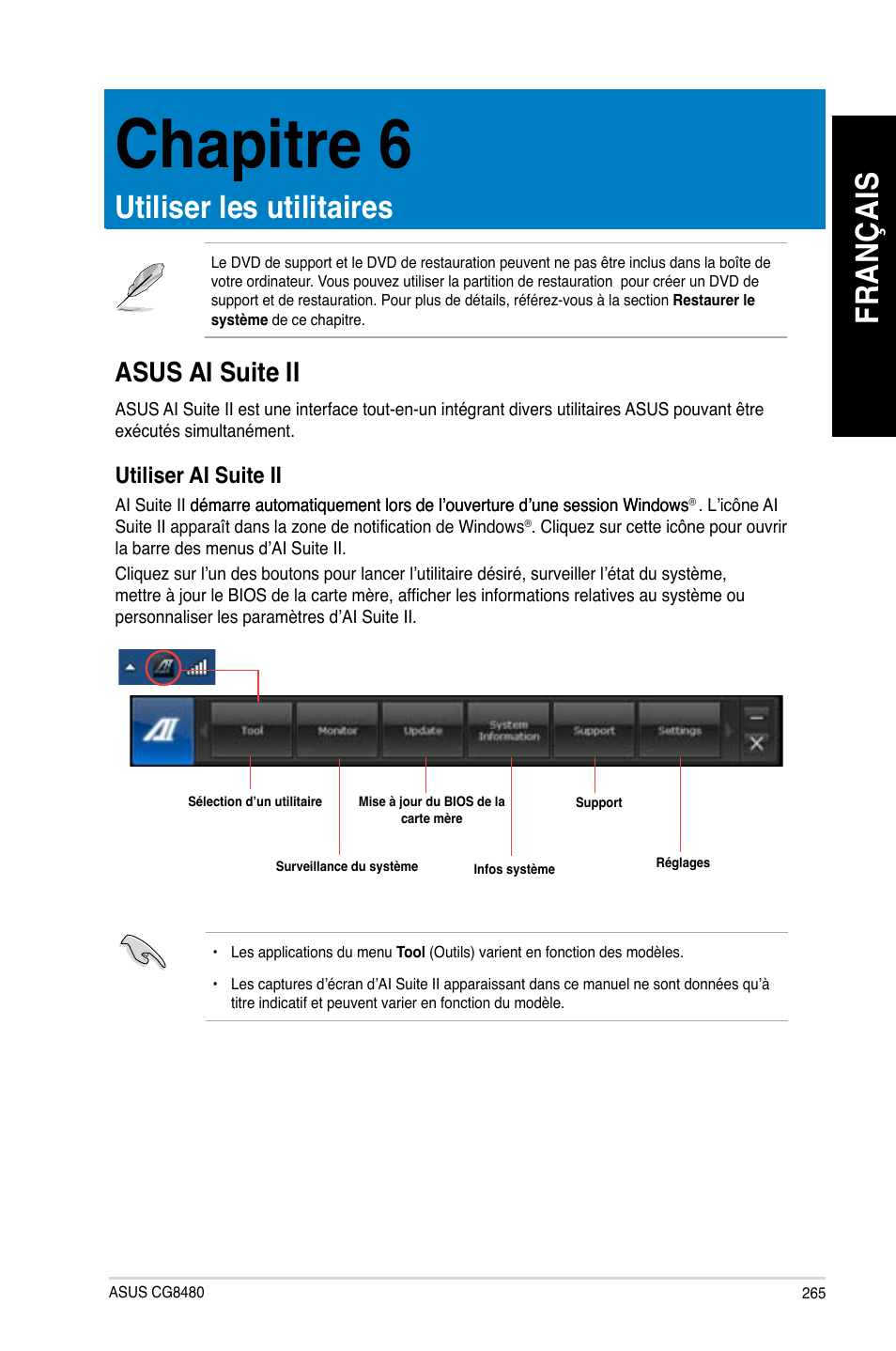 Chapitre 6, Utiliser les utilitaires, Asus ai suite ii | Chapitre.6, Utiliser.les.utilitaires, Fr an ça is fr an ça is, Asus.ai.suite.ii | Asus CG8480 User Manual | Page 267 / 836