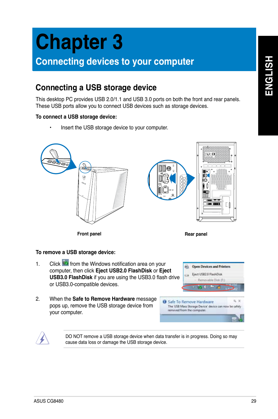 Chapter 3, Connecting devices to your computer, Connecting a usb storage device | Chapter.3, Connecting.devices.to.your.computer, En gl is h en gl is h | Asus CG8480 User Manual | Page 31 / 836