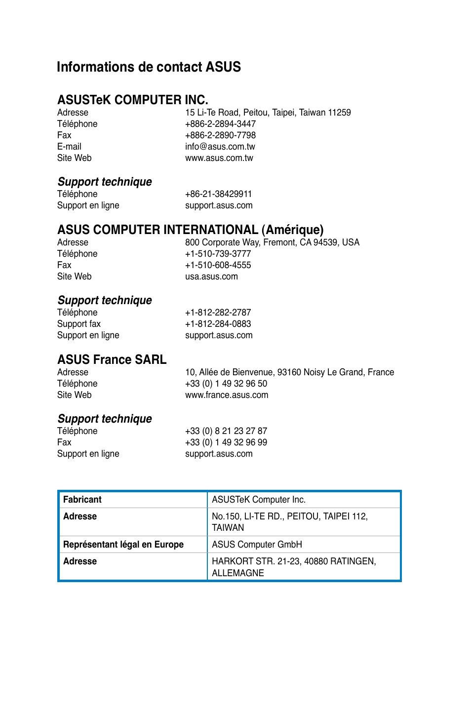 Informations de contact asus, Informations.de.contact.asus, Asus.france.sarl | Support.technique | Asus CG8480 User Manual | Page 314 / 836