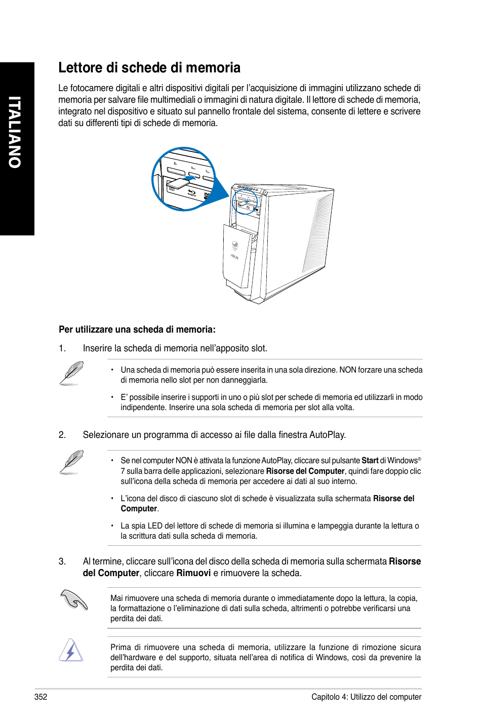 Lettore di schede di memoria, It aliano it aliano it aliano it aliano | Asus CG8480 User Manual | Page 354 / 836