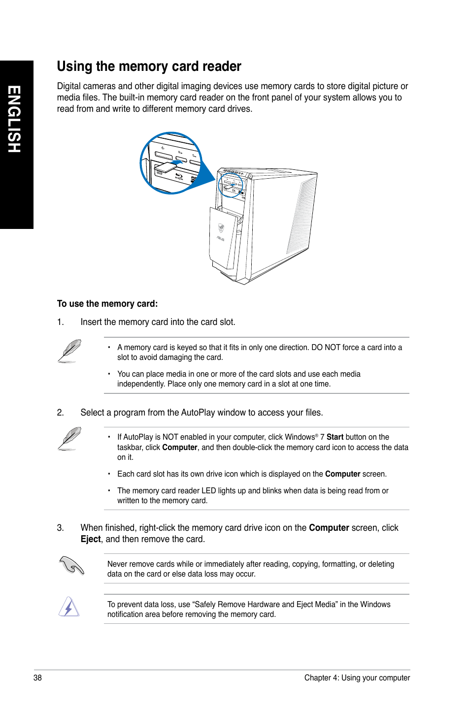 Using the memory card reader, En gl is h en gl is h en gl is h en gl is h | Asus CG8480 User Manual | Page 40 / 836