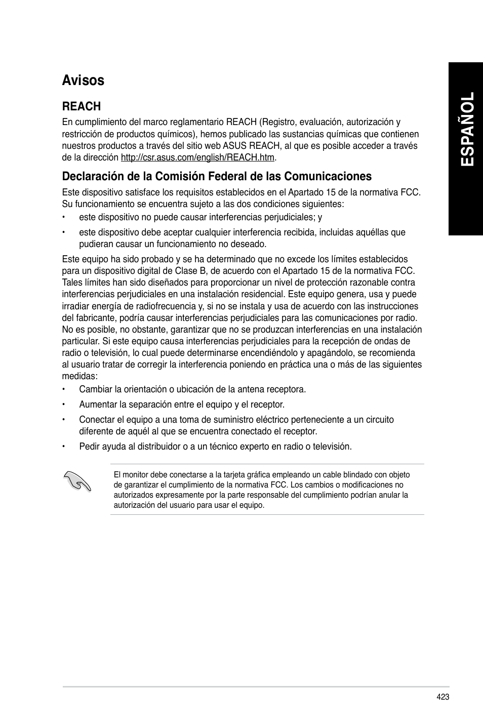 Avisos, Es pa ño l es pa ño l es pa ño l es pa ño l | Asus CG8480 User Manual | Page 425 / 836