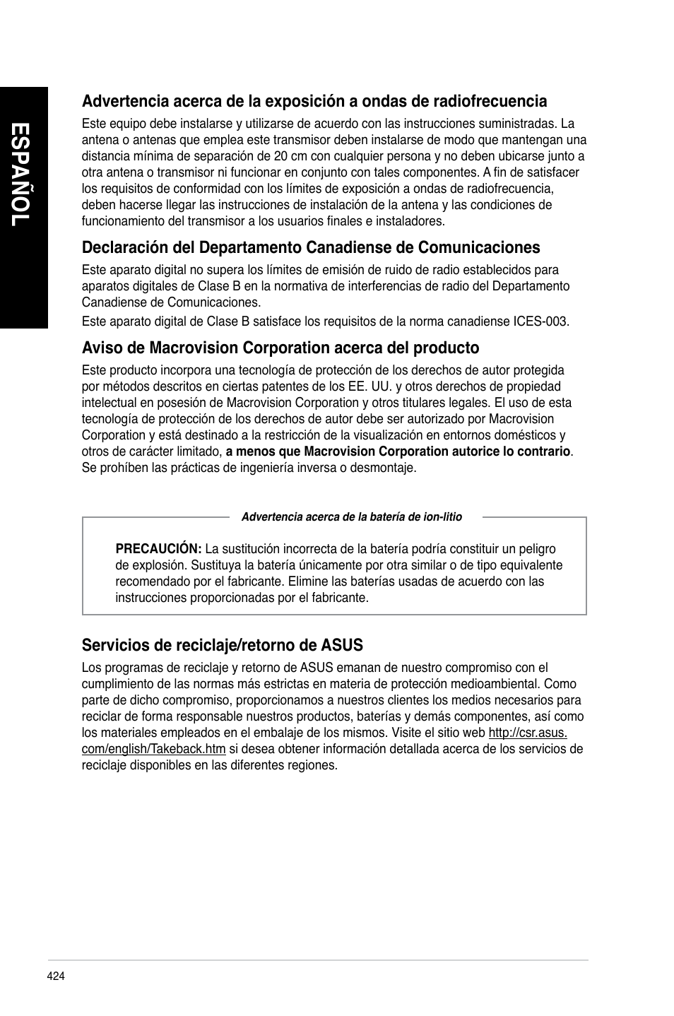 Es pa ño l es pa ño l es pa ño l es pa ño l | Asus CG8480 User Manual | Page 426 / 836