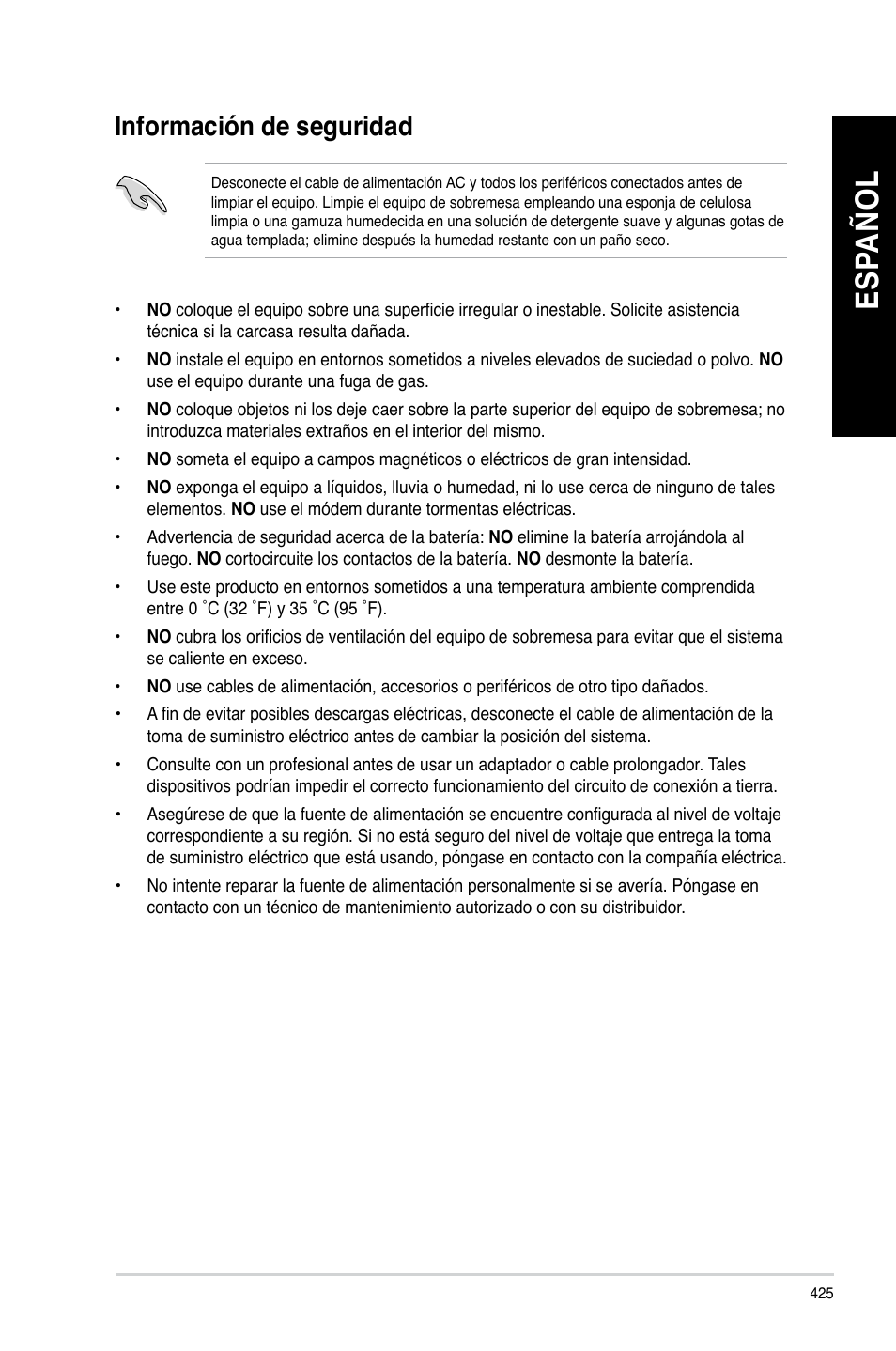 Información de seguridad, Es pa ño l es pa ño l es pa ño l es pa ño l | Asus CG8480 User Manual | Page 427 / 836