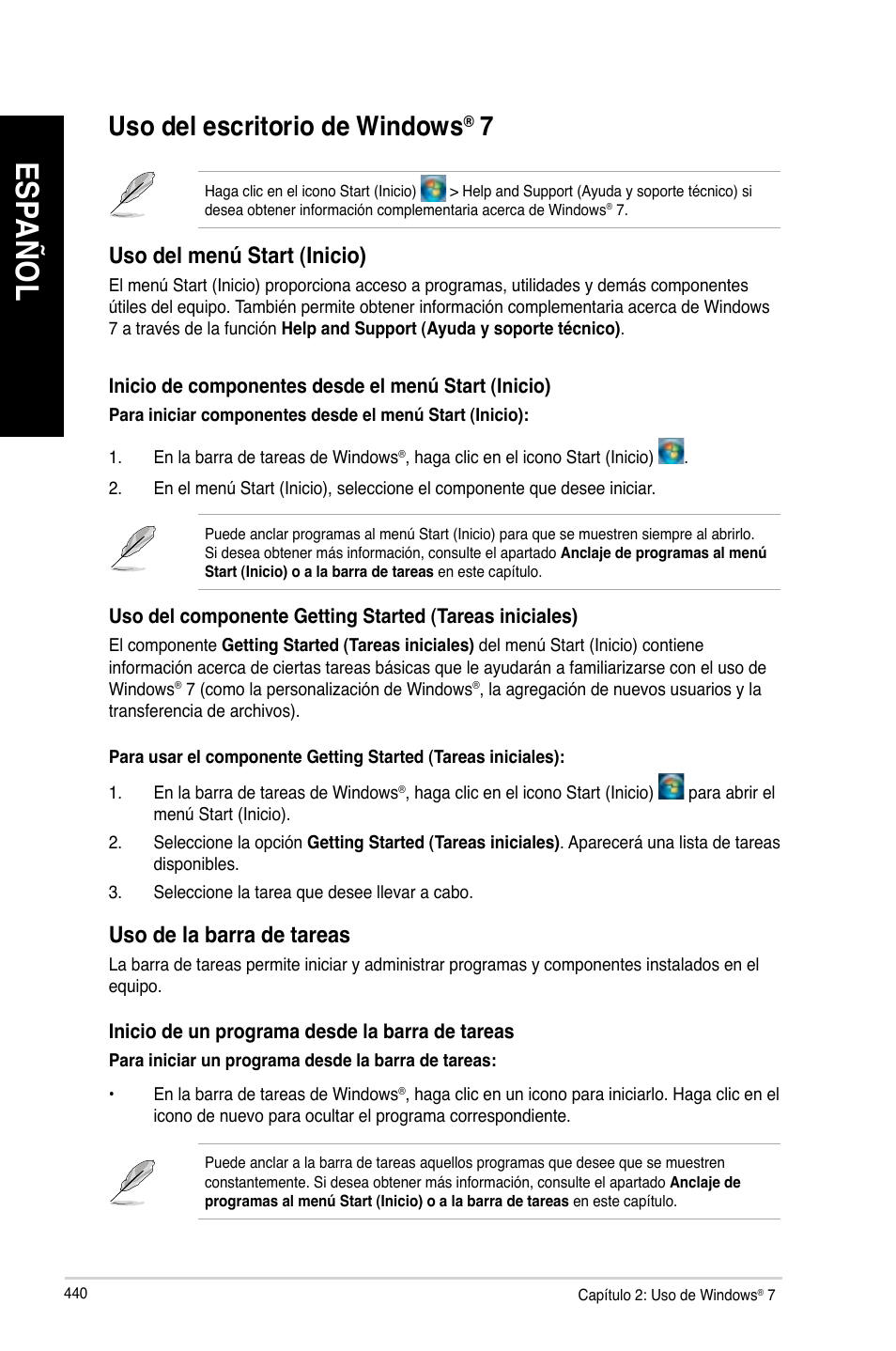 Uso del escritorio de windows® 7, Uso del escritorio de windows, Es pa ño l es pa ño l es pa ño l es pa ño l | Asus CG8480 User Manual | Page 442 / 836