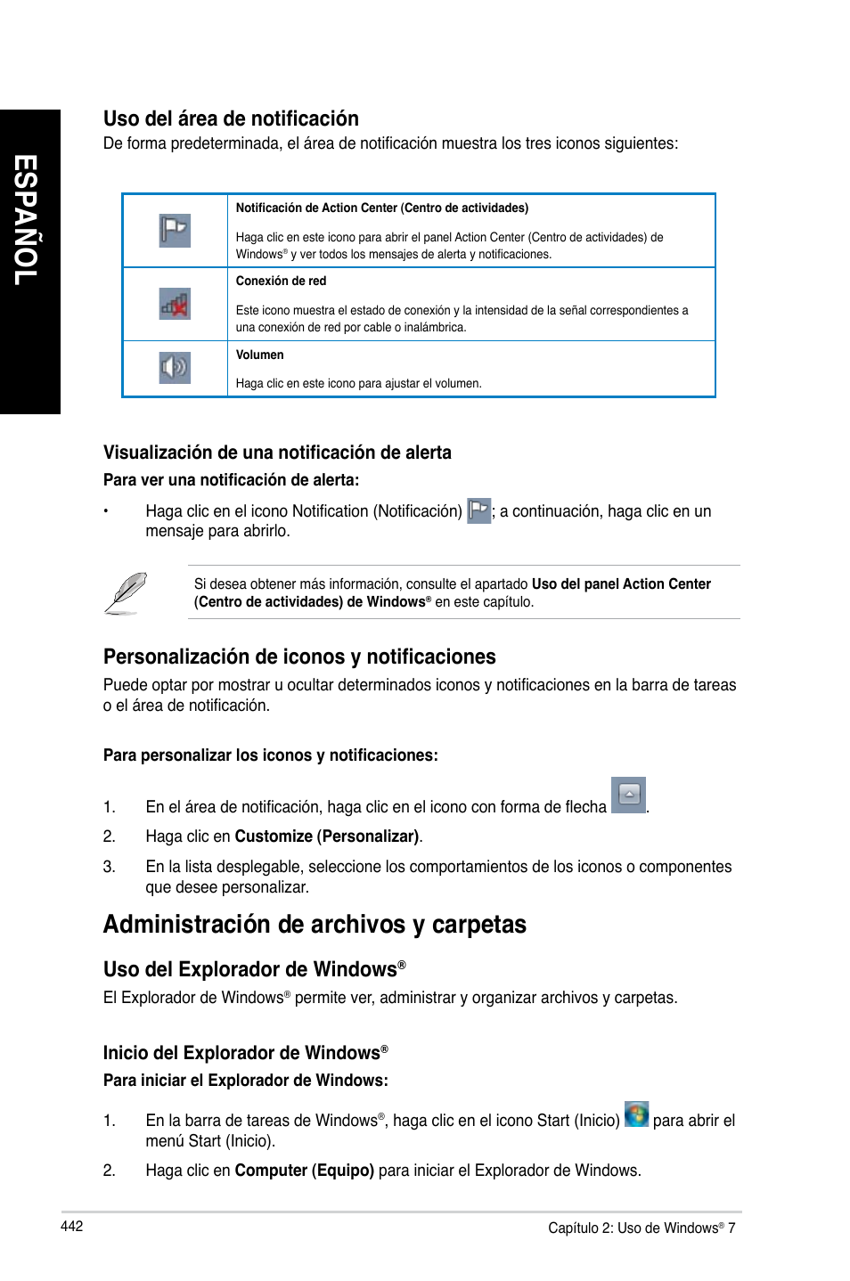 Administración de archivos y carpetas, Es pa ño l es pa ño l es pa ño l es pa ño l | Asus CG8480 User Manual | Page 444 / 836