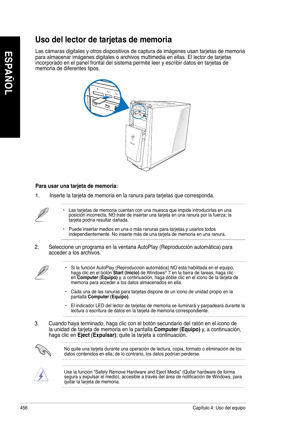 Uso del lector de tarjetas de memoria, Es pa ño l es pa ño l es pa ño l es pa ño l | Asus CG8480 User Manual | Page 458 / 836