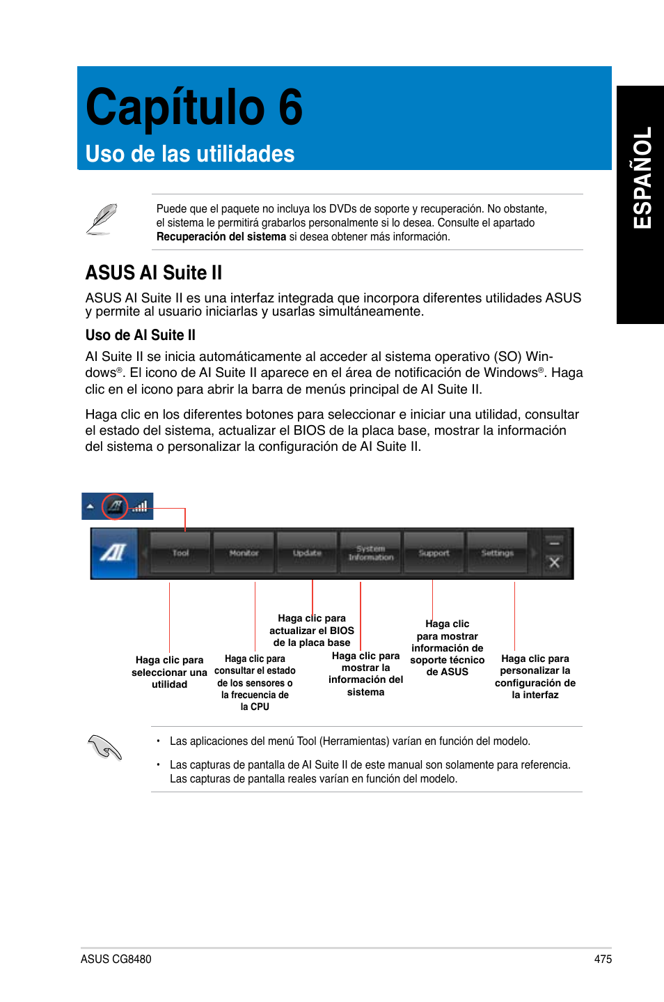 Capítulo 6, Uso de las utilidades, Asus ai suite ii | Es pa ño l es pa ño l | Asus CG8480 User Manual | Page 477 / 836