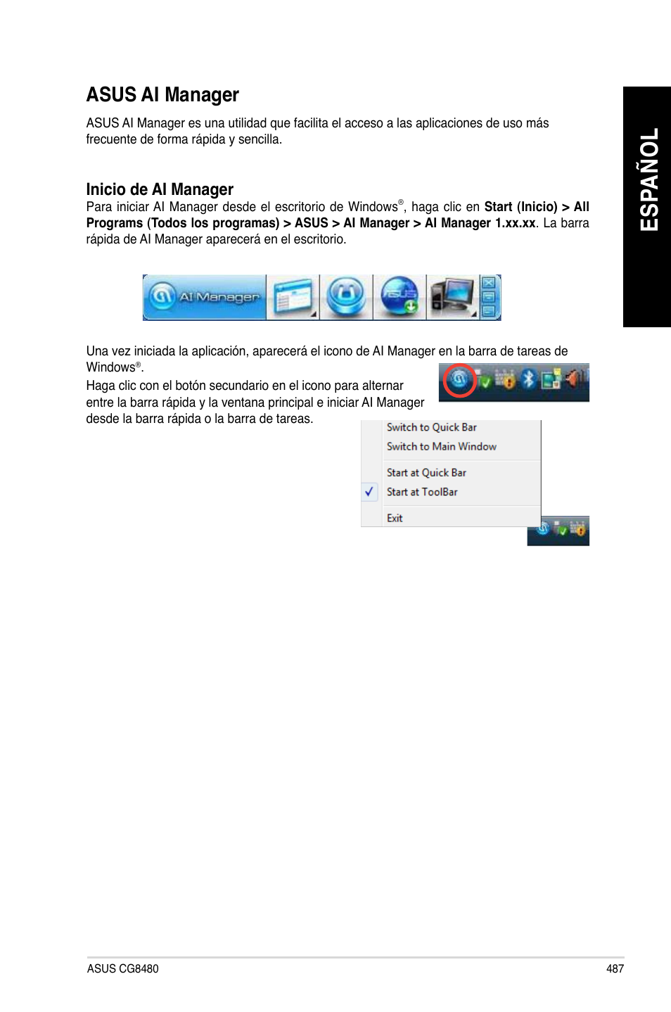 Asus ai manager, Es pa ño l es pa ño l | Asus CG8480 User Manual | Page 489 / 836