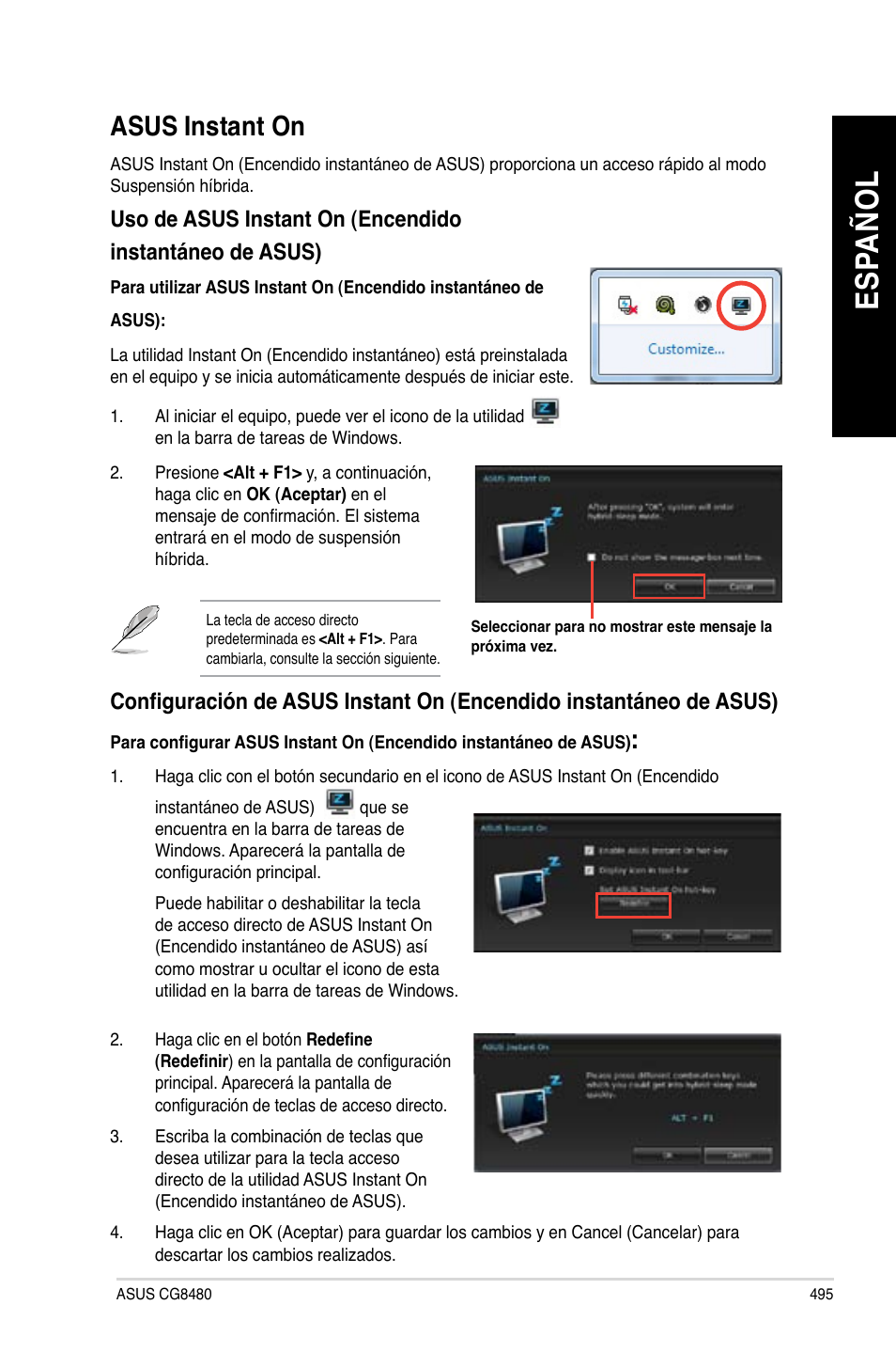 Asus instant on, Es pa ño l es pa ño l | Asus CG8480 User Manual | Page 497 / 836