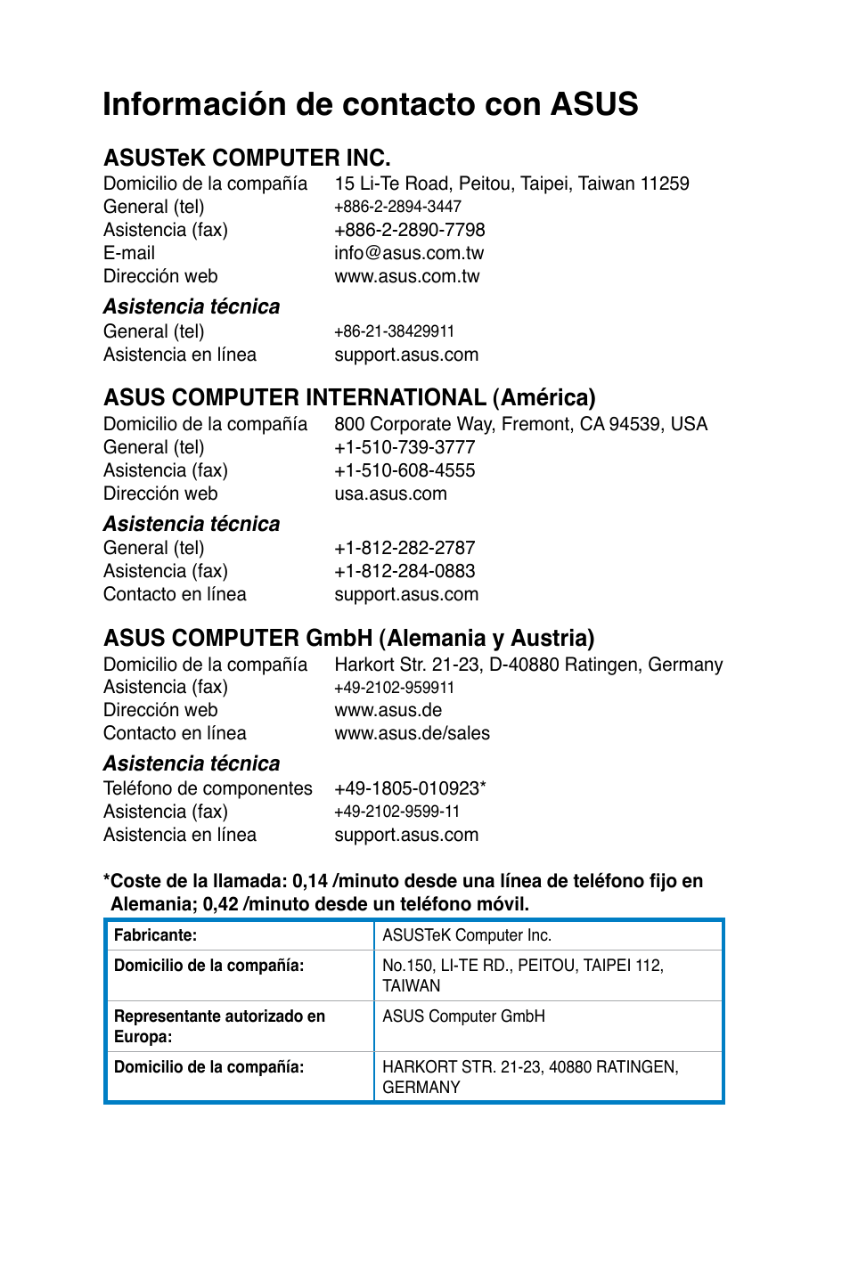 Información de contacto con asus, Asustek computer inc, Asus computer international (américa) | Asus computer gmbh (alemania y austria) | Asus CG8480 User Manual | Page 524 / 836