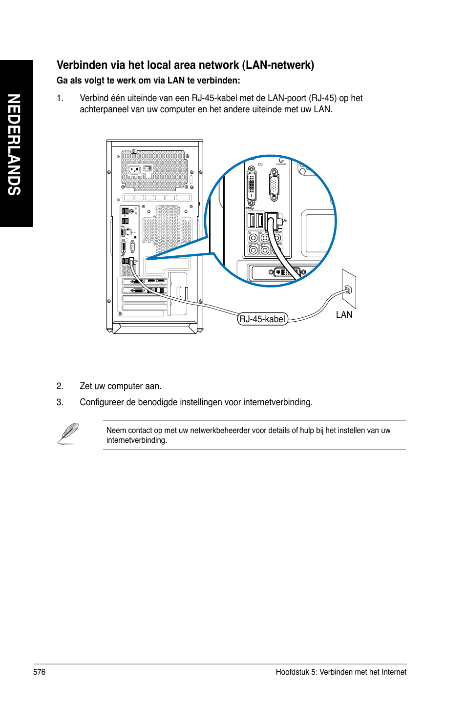 Nederlands, Verbinden via het local area network (lan-netwerk), Rj-45-kabel lan | Asus CG8480 User Manual | Page 578 / 836