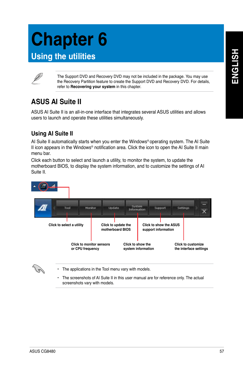 Chapter 6, Using the utilities, Asus ai suite ii | Chapter.6, Using.the.utilities, En gl is h en gl is h, Asus.ai.suite.ii | Asus CG8480 User Manual | Page 59 / 836