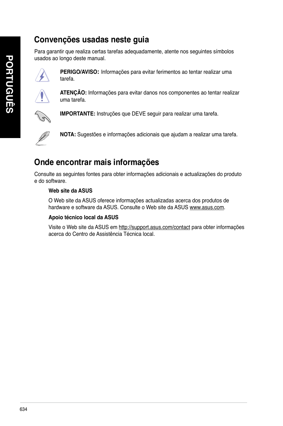 Convenções usadas neste guia, Onde encontrar mais informações, Português | Asus CG8480 User Manual | Page 636 / 836