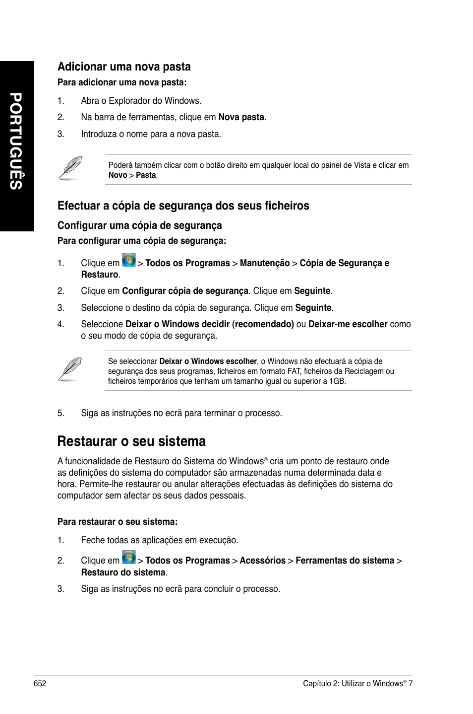 Restaurar o seu sistema, Português, Adicionar uma nova pasta | Efectuar a có�ia de segurança dos seus ficheiros | Asus CG8480 User Manual | Page 654 / 836