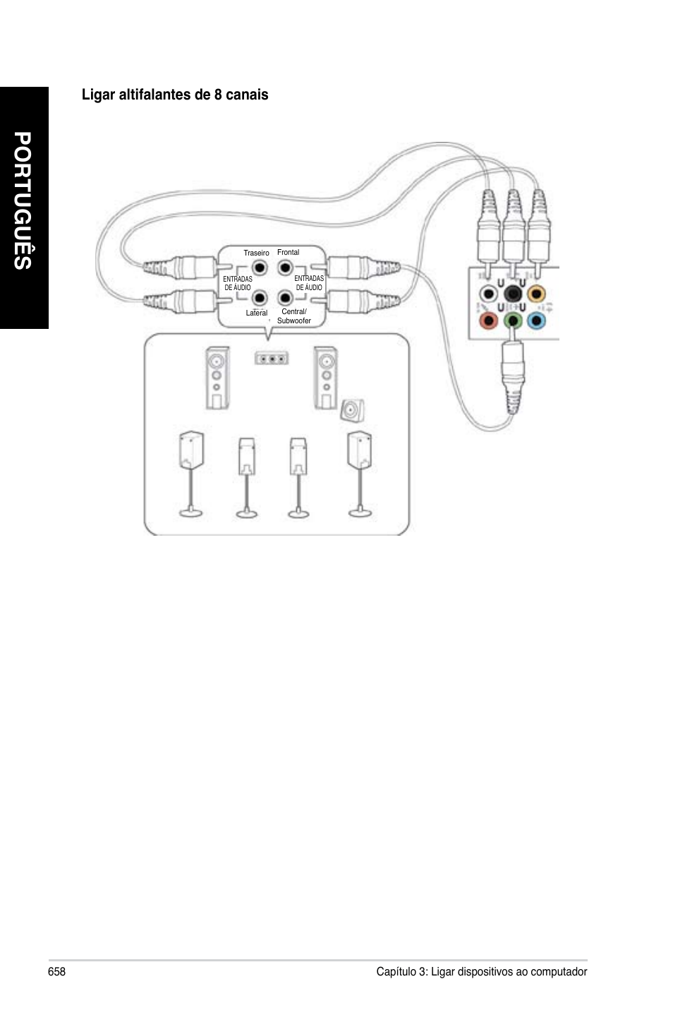 Português, Ligar altifalantes de 8 canais | Asus CG8480 User Manual | Page 660 / 836