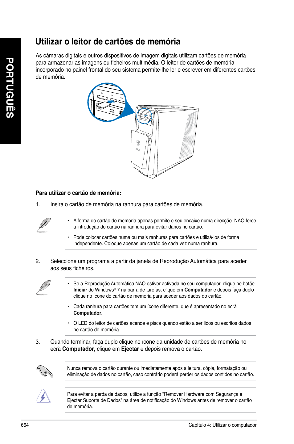 Utilizar o leitor de cartões de memória, Português | Asus CG8480 User Manual | Page 666 / 836