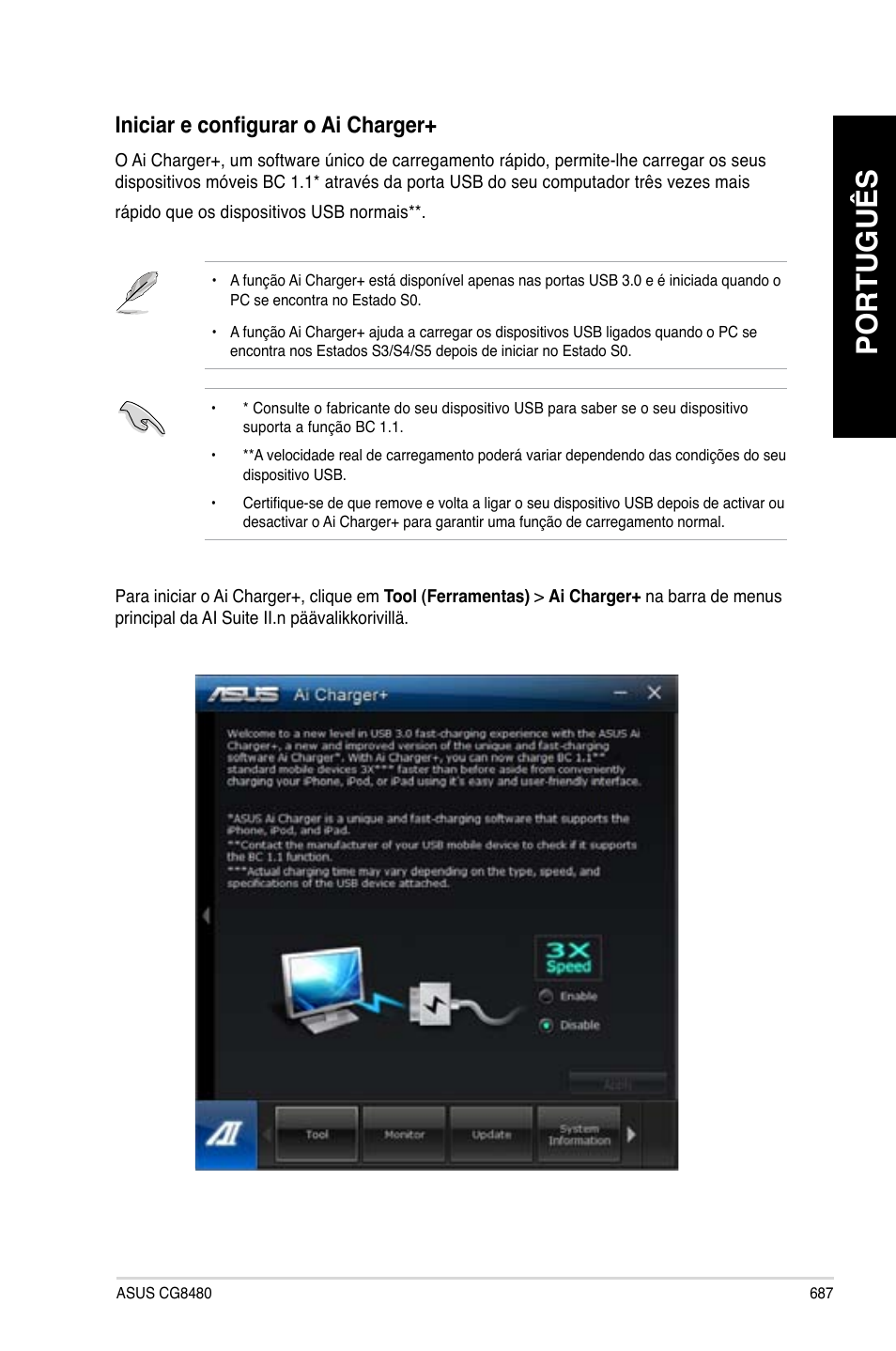 Português, Iniciar e configurar o �i charger | Asus CG8480 User Manual | Page 689 / 836