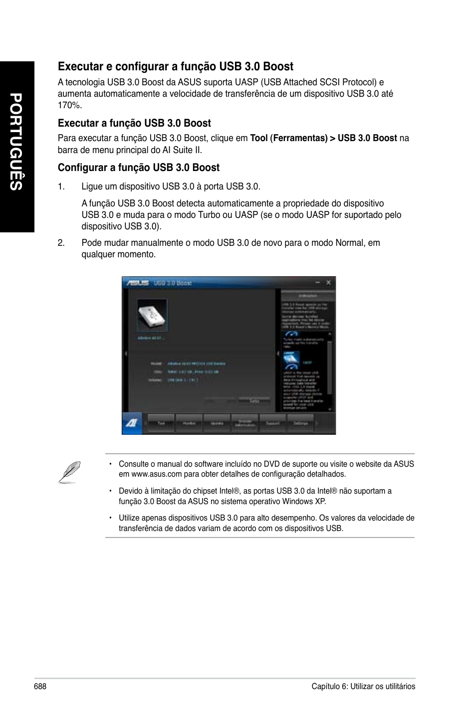 Português, Executar e configurar a função �sb 3.0 boost | Asus CG8480 User Manual | Page 690 / 836