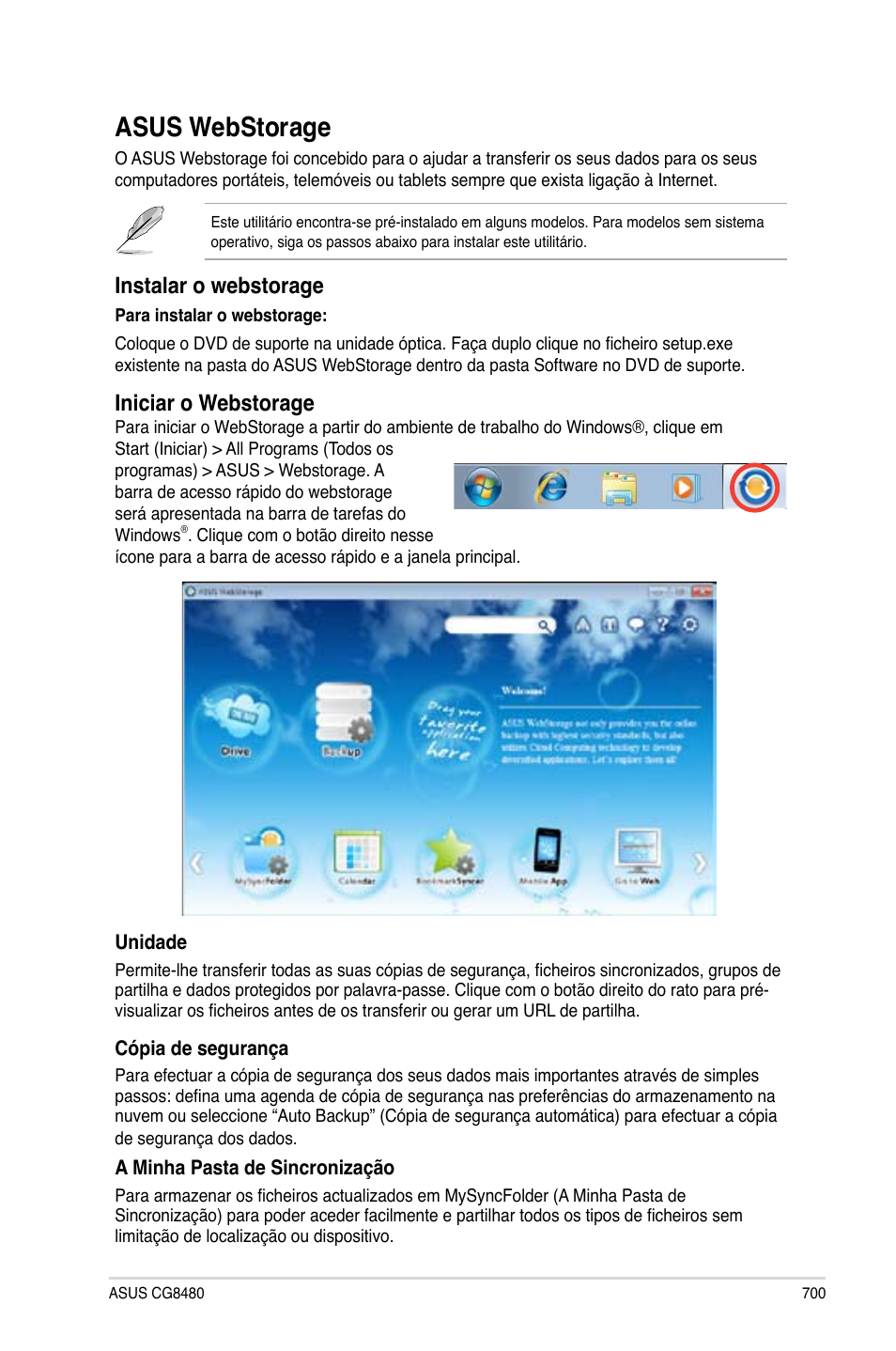 Asus webstorage, Instalar o webstorage, Iniciar o webstorage | Asus CG8480 User Manual | Page 702 / 836