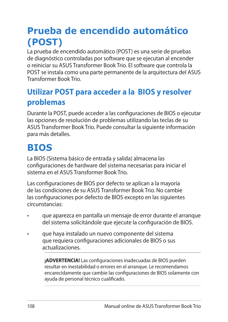 Prueba de encendido automático (post), Bios | Asus TX201LA User Manual | Page 108 / 152