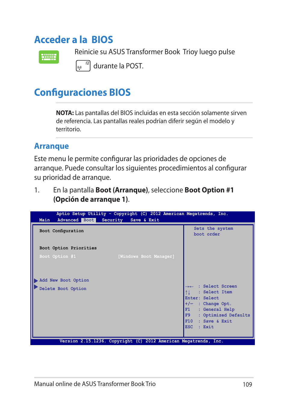 Acceder a la bios, Configuraciones bios, Acceder a la bios configuraciones bios | Arranque | Asus TX201LA User Manual | Page 109 / 152