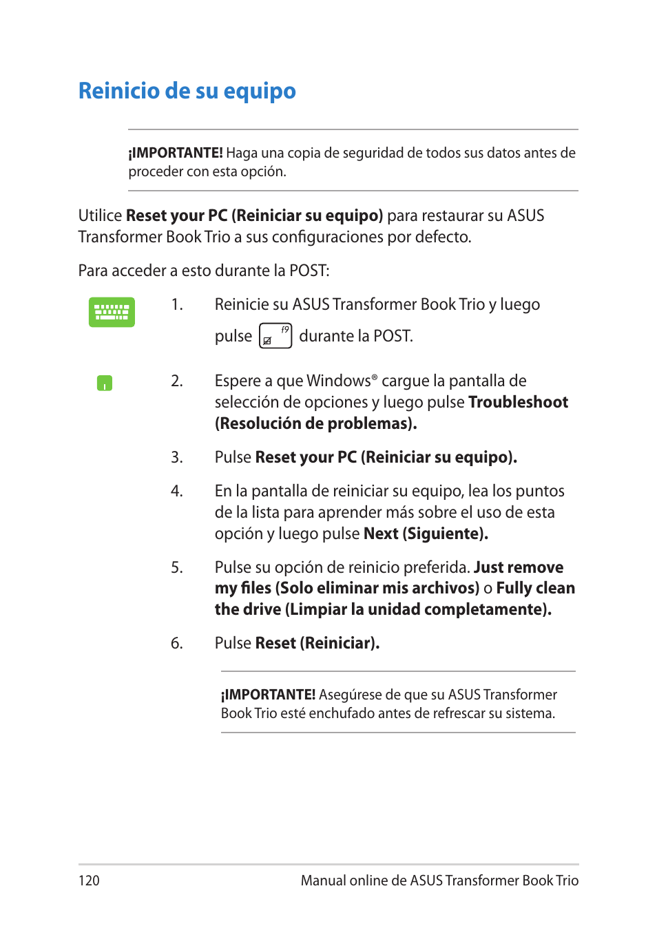 Reinicio de su equipo | Asus TX201LA User Manual | Page 120 / 152
