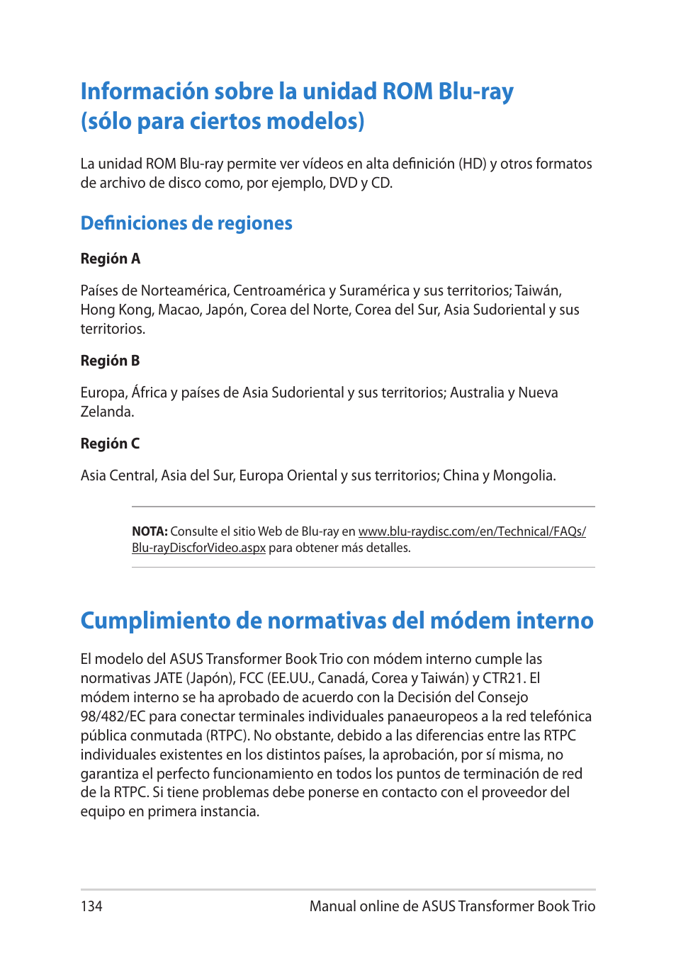 Cumplimiento de normativas del módem interno, Definiciones de regiones | Asus TX201LA User Manual | Page 134 / 152