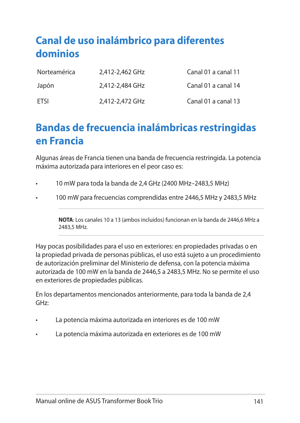 Canal de uso inalámbrico para diferentes dominios | Asus TX201LA User Manual | Page 141 / 152