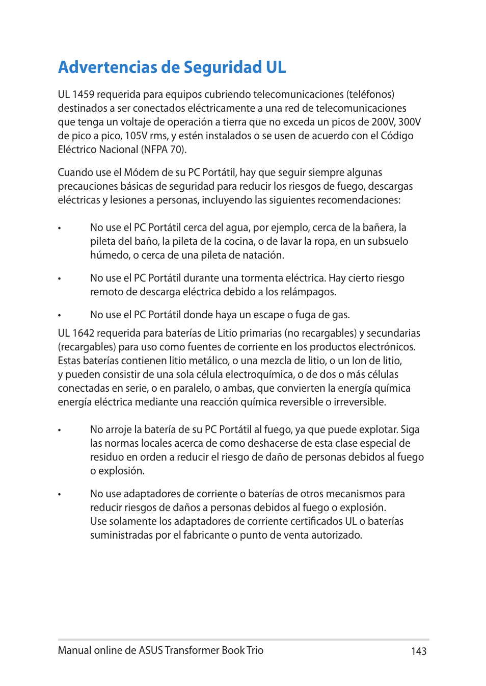 Advertencias de seguridad ul | Asus TX201LA User Manual | Page 143 / 152