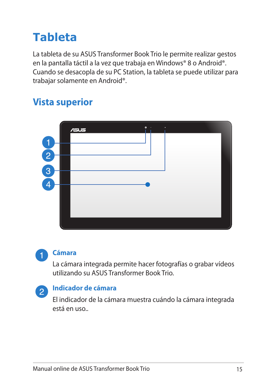 Tableta, Vista superior | Asus TX201LA User Manual | Page 15 / 152