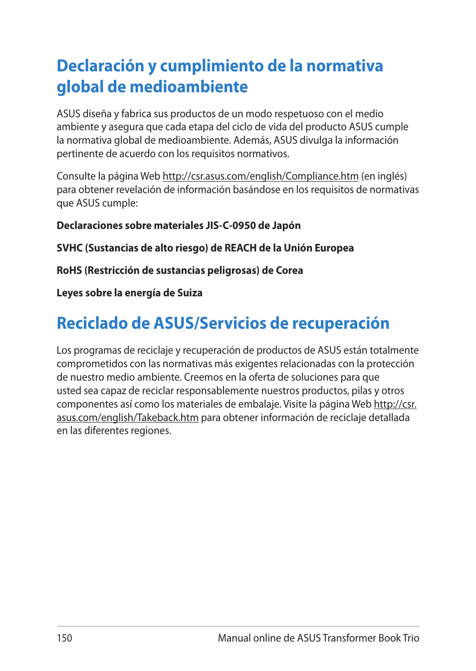 Reciclado de asus/servicios de recuperación | Asus TX201LA User Manual | Page 150 / 152